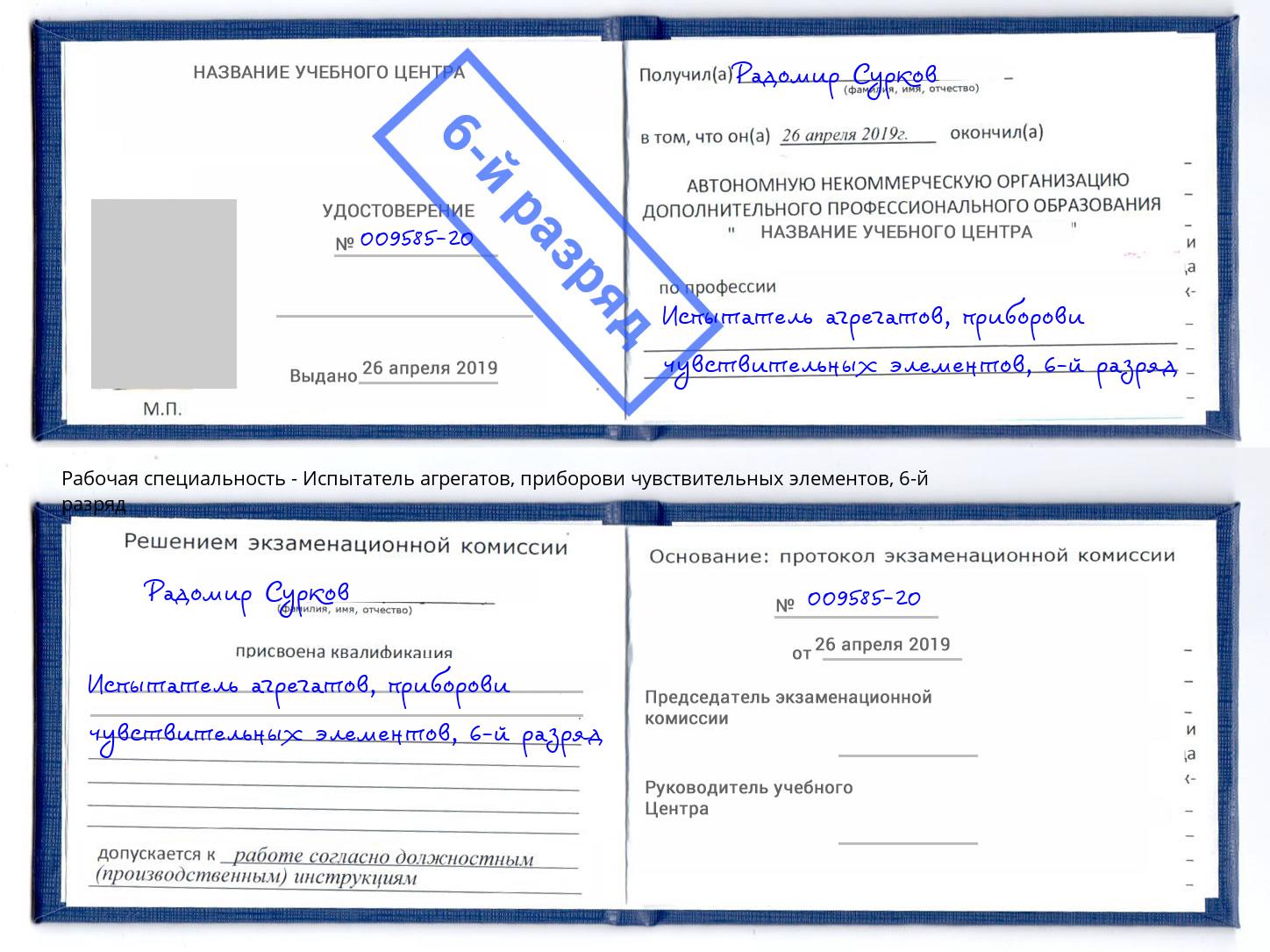 корочка 6-й разряд Испытатель агрегатов, приборови чувствительных элементов Нефтеюганск