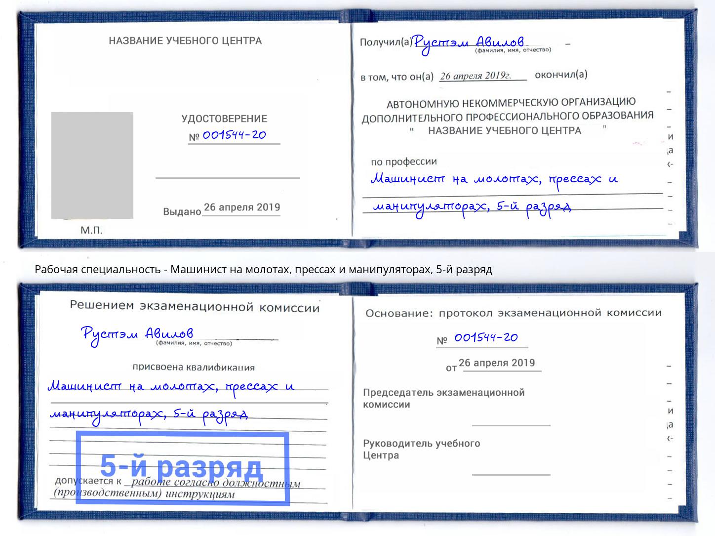 корочка 5-й разряд Машинист на молотах, прессах и манипуляторах Нефтеюганск