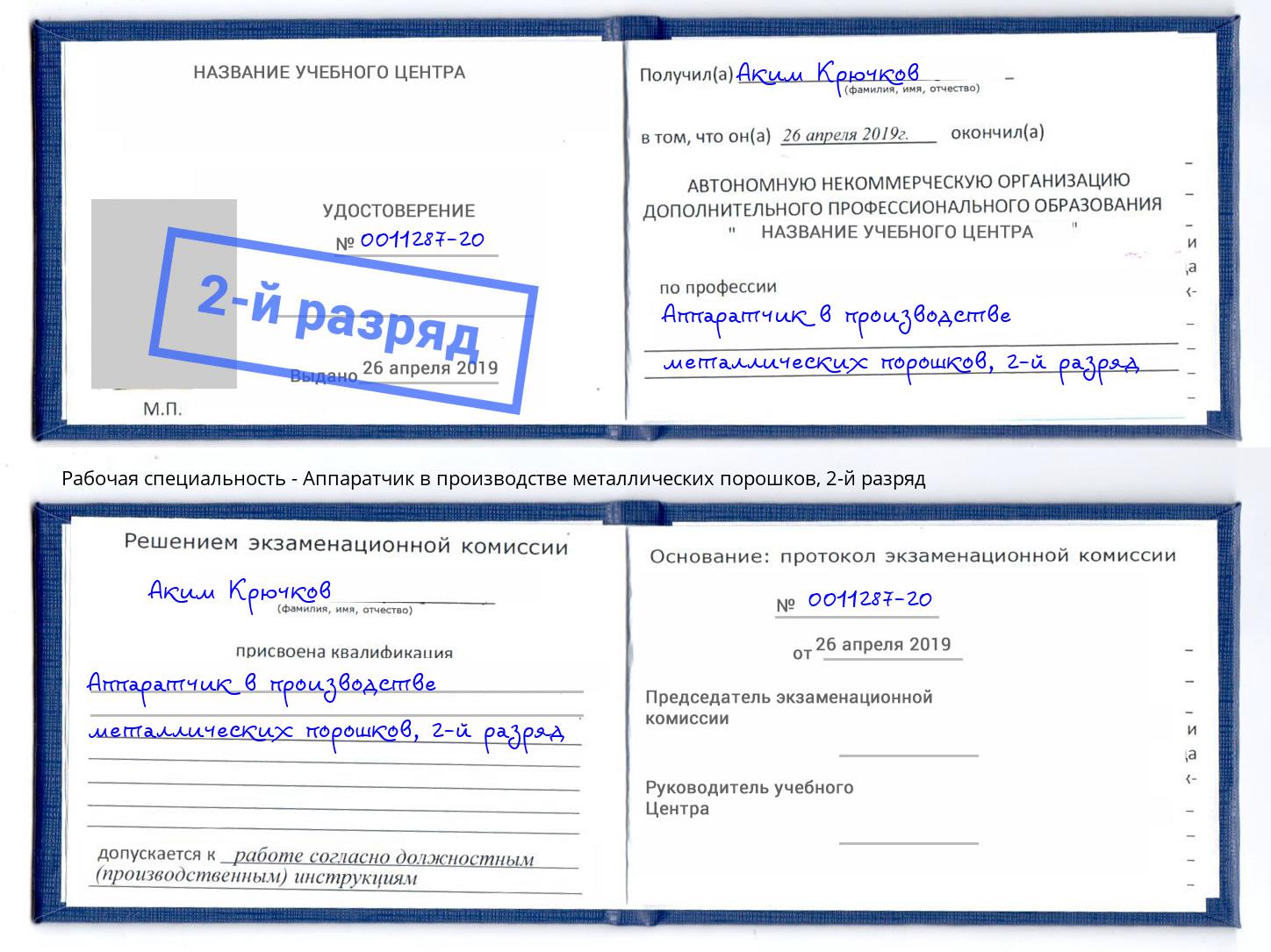 корочка 2-й разряд Аппаратчик в производстве металлических порошков Нефтеюганск